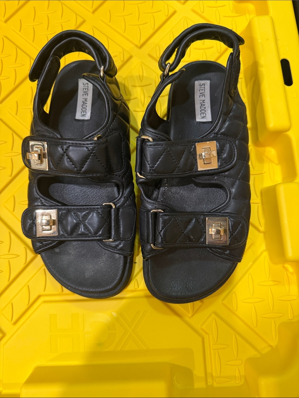 Steve Madden Kids Black Quilted Strap Sandals with Gold Buckles